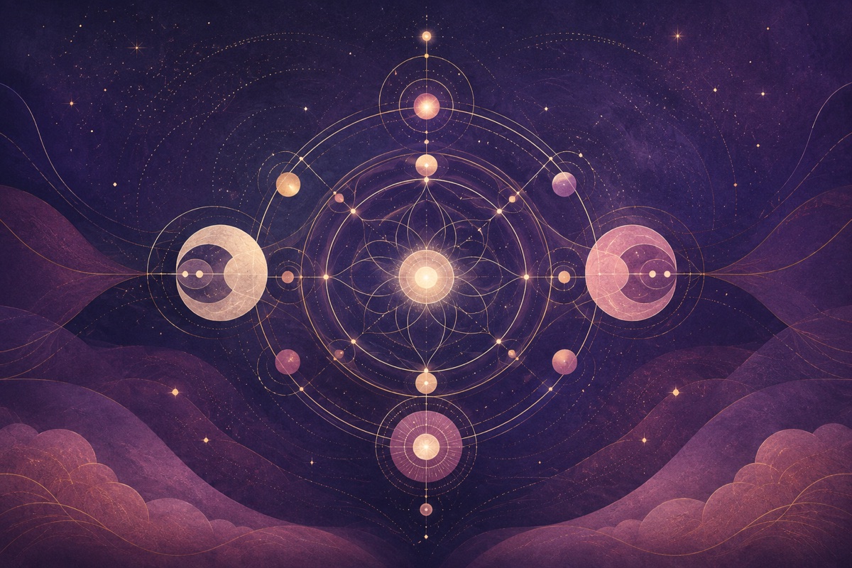 金色圓形與幾何軌跡交織成宇宙圖案的紫色插畫